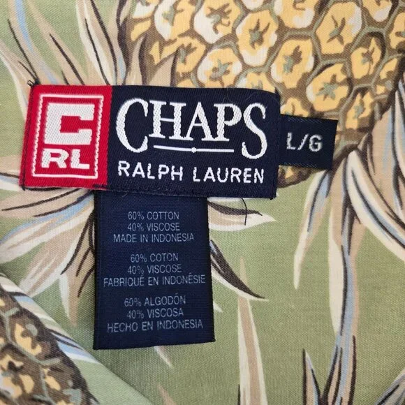 Chaps Ralph Lauren Mens Green Pineapple Print Hawaiian Short Sleeve Shirt Large - Picture 6 of 11